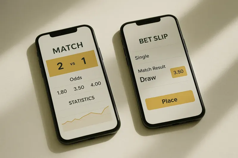 Two smartphones showing match dashboard and bet slip on cream surface