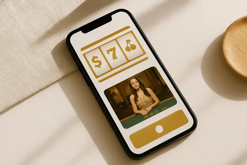 Mobile phone showing casino app with slots and live casino games