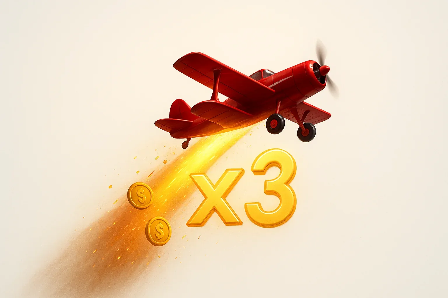 Aviator Crash Scene Red airplane climbing with glowing multiplier trail, coins, and sparks