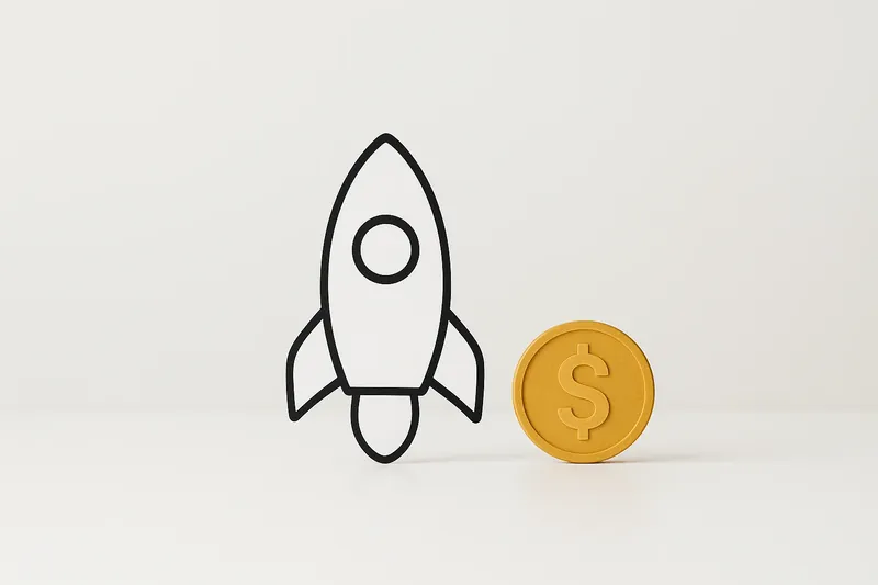 Minimalist rocket icon with gold coin on white background