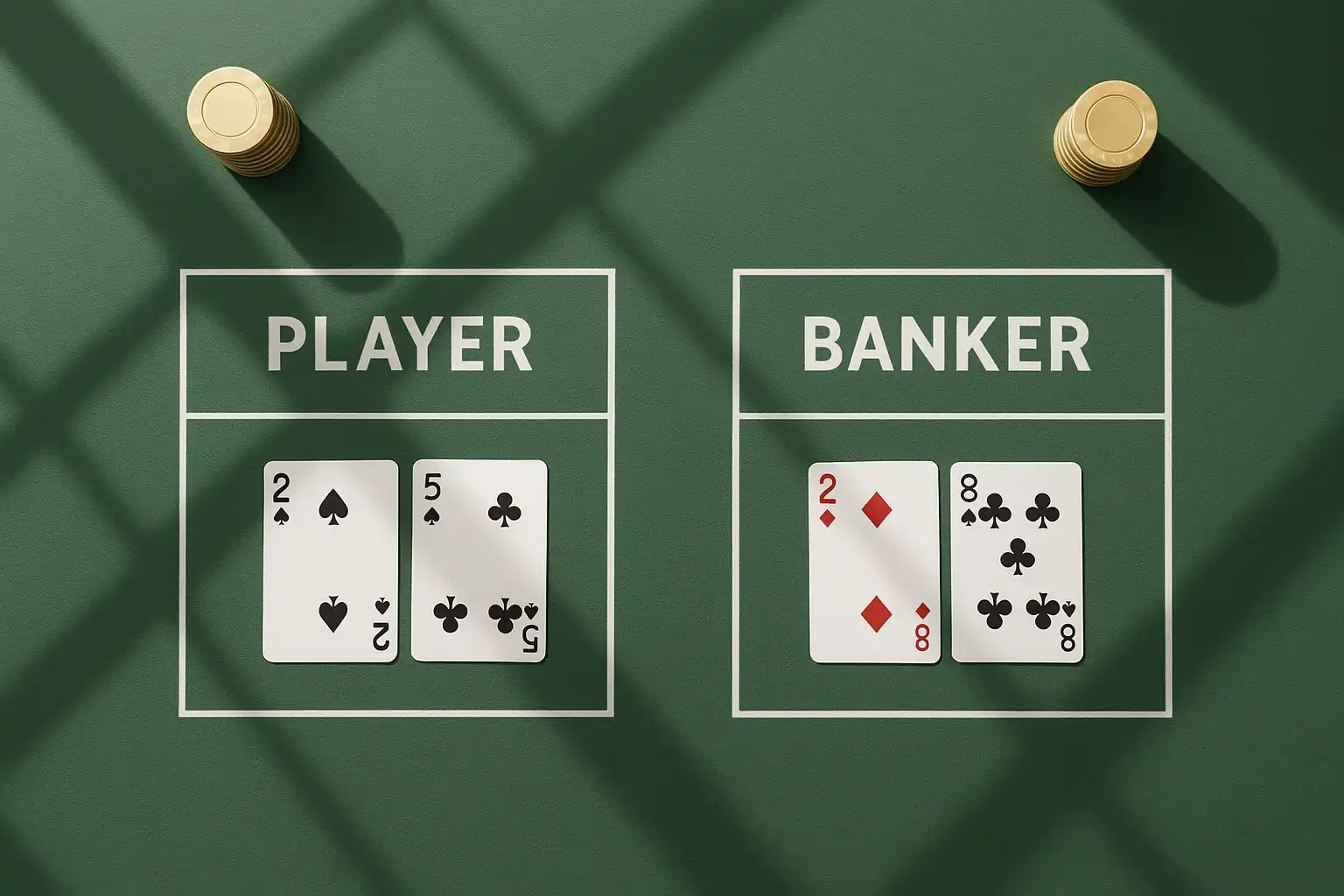 Live Baccarat Table Overhead live baccarat table with gold chip towers and geometric shadows